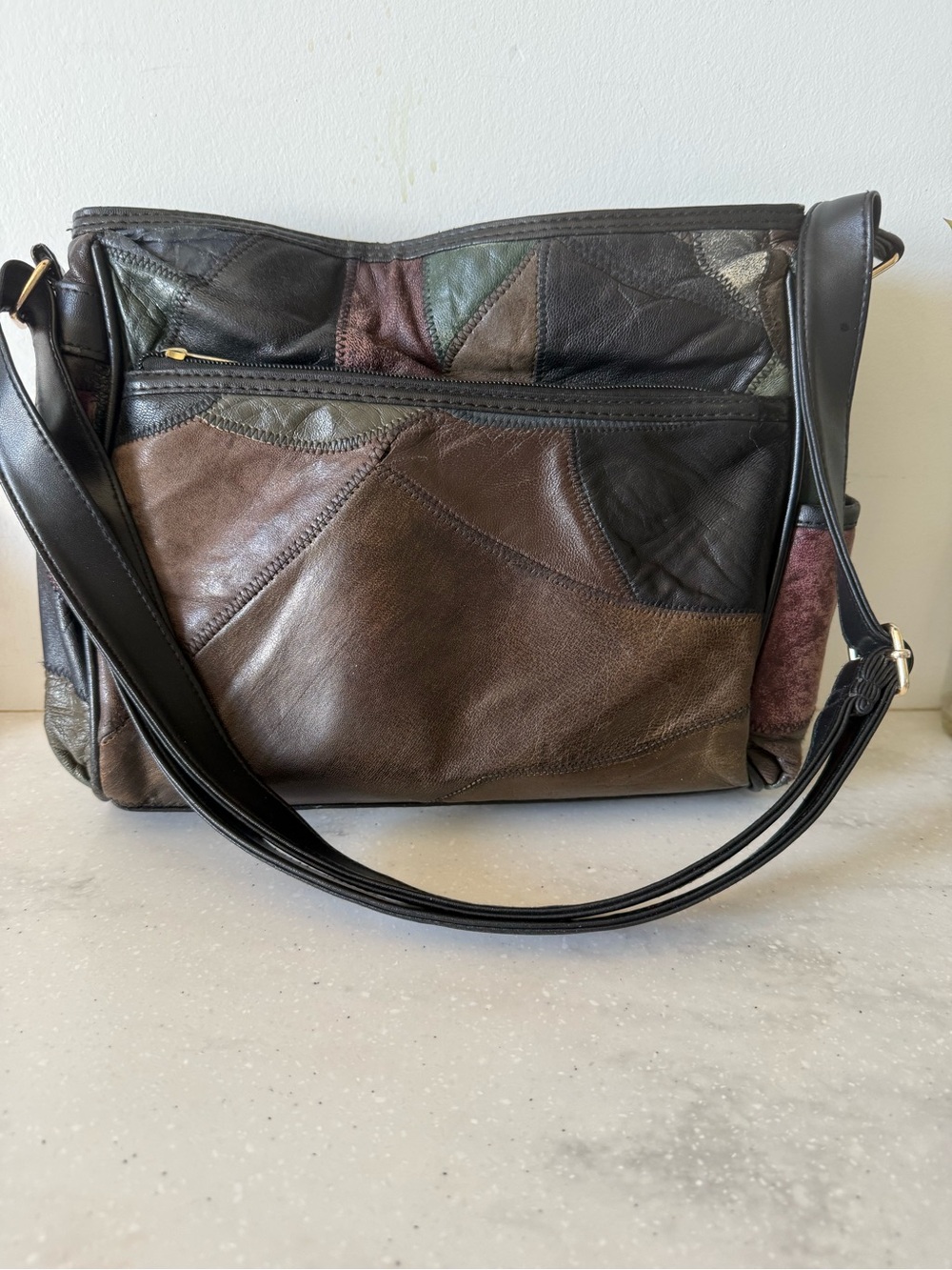 Vinage Leather Patchwork Crossbody Bag in Brown/Black, purple and green